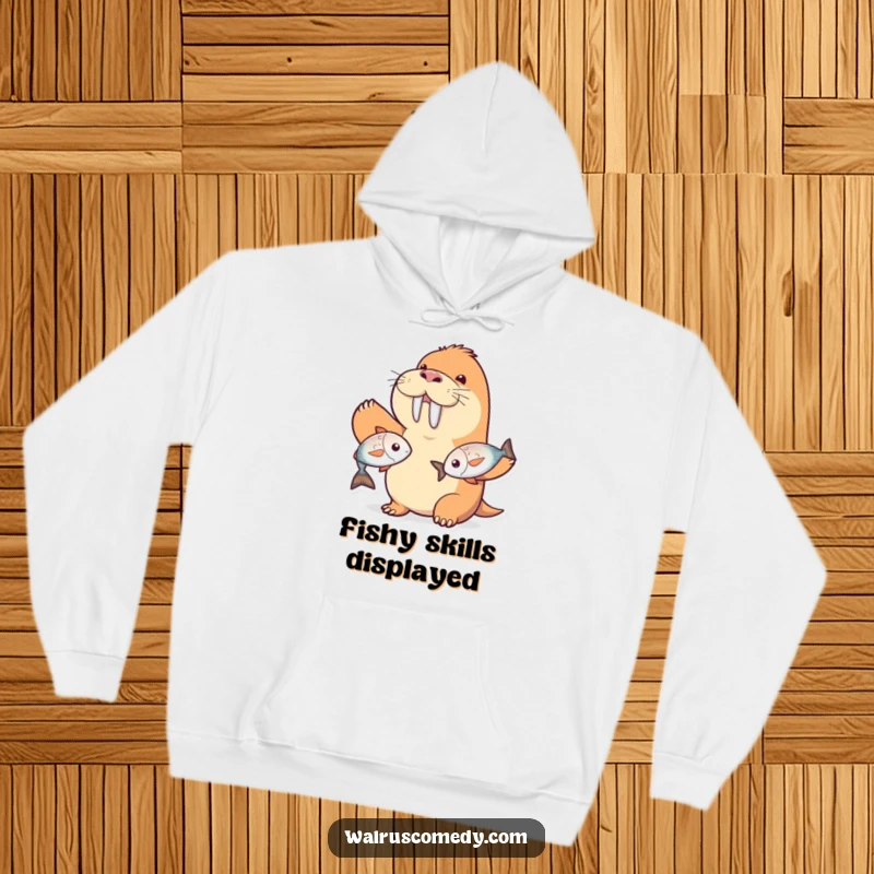 Funny walrus character hoodie, juggling two shiny fish with a big grin, perfect for comfort and as a funny gift.