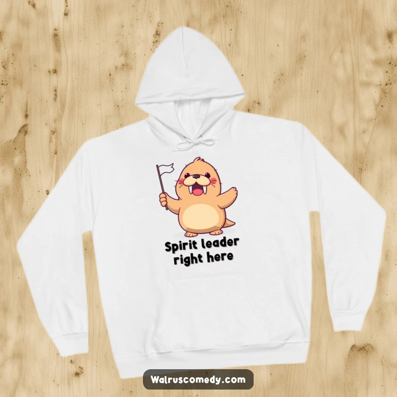 Funny Hoodie depicting a kawaii walrus gleefully waving a tiny flag with a cheerful, excited expression.