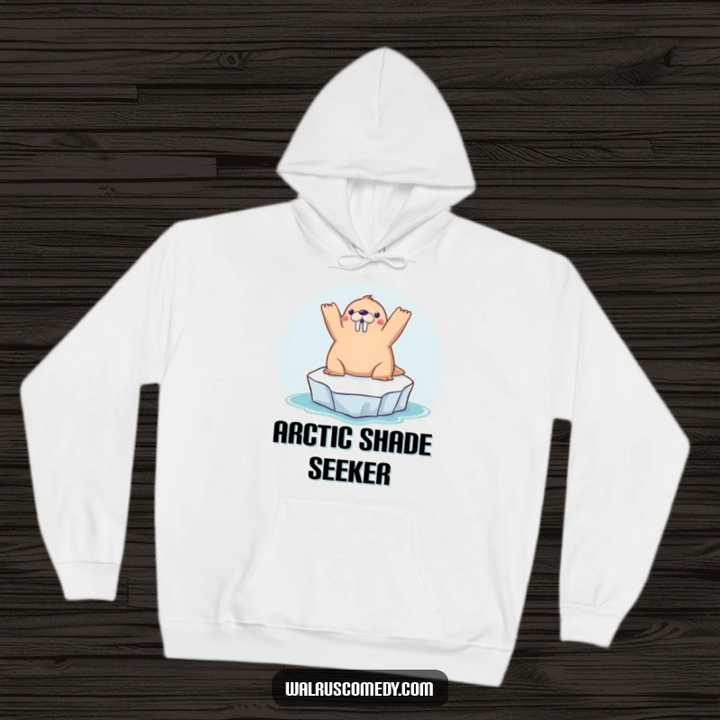 Funny kawaii walrus sunbathing on a tiny iceberg, arms raised in relaxation, offering warm comfort and cute appeal on this hoodie.