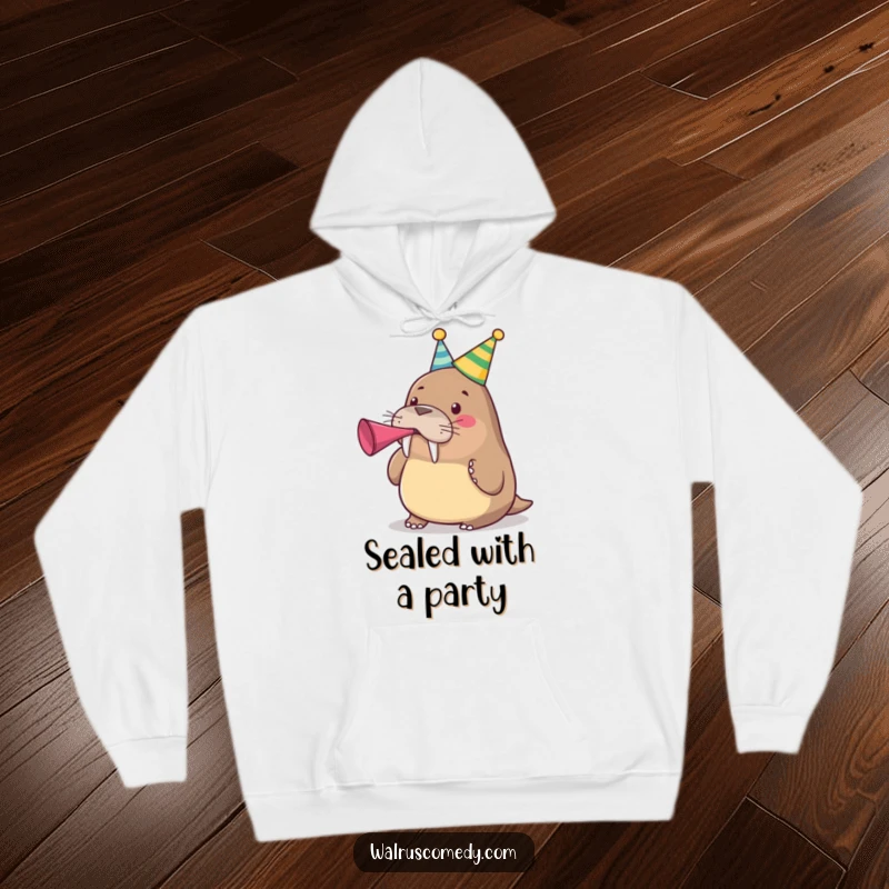 Funny cute walrus wearing a party hat and blowing a party horn on a warm hoodie, a festive funny gift.
