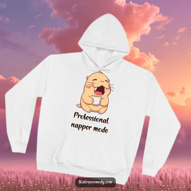 Funny walrus hoodie showing a very tired walrus yawning with a tiny teacup, looking ready for bed.