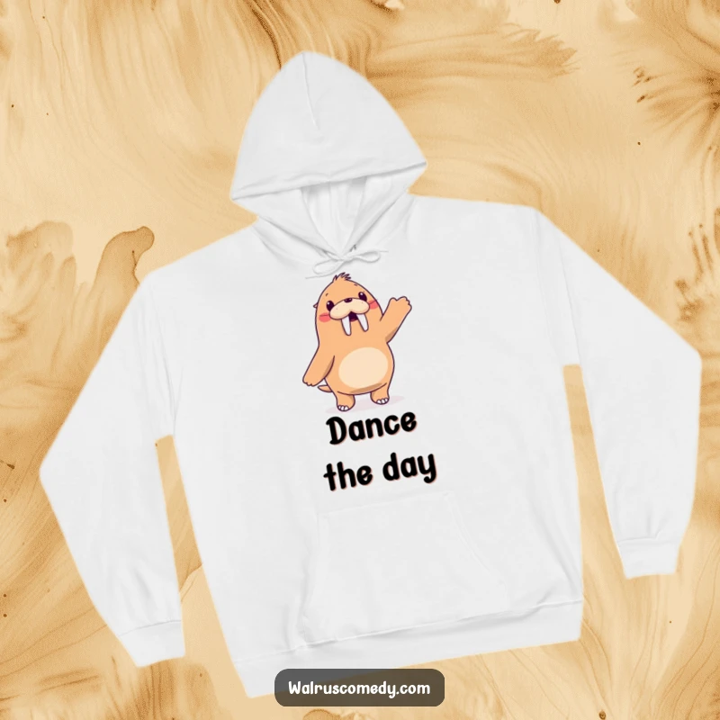 Funny walrus character joyfully dancing with its flippers in the air, soft hoodie, perfect for staying warm.