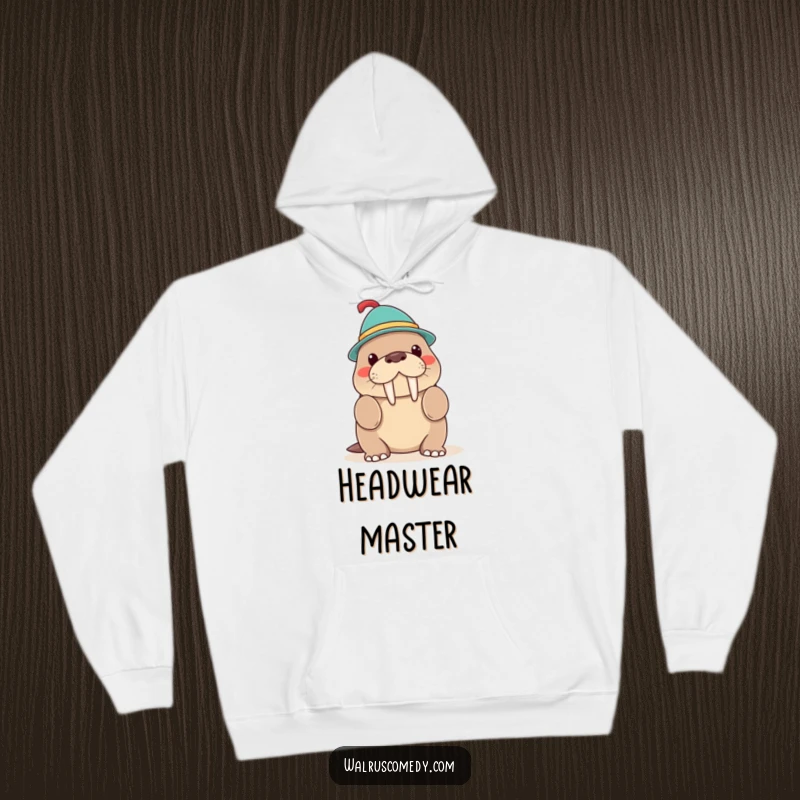 Funny Kawaii Walrus Hat Trick Hoodie, a walrus balancing a hat on its tusk, comfortable and whimsical apparel.