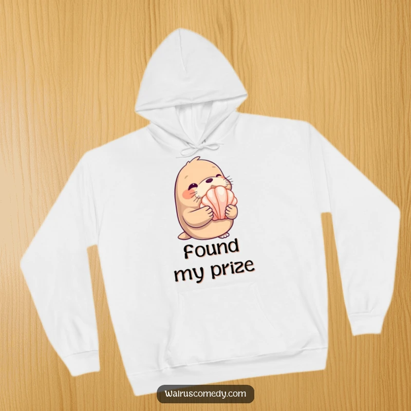 Funny Hoodie: A walrus character winks knowingly while displaying a bright, shiny seashell, radiating seaside allure.