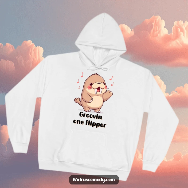 Funny kawaii walrus character happily tapping its flippers to a beat, looking cozy and content on a warm hoodie.