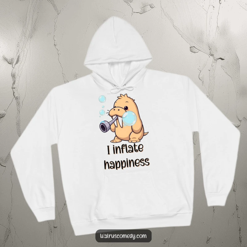Funny walrus making giant bubbles, a warm and cozy hoodie featuring a whimsical sea creature, great for chilly days.