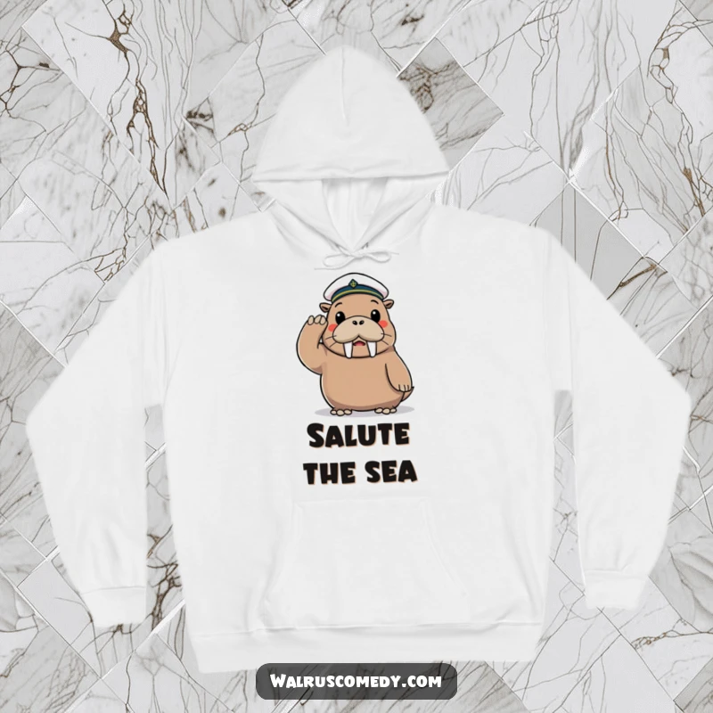 Funny Hoodie featuring a playful walrus character wearing a tiny sailor hat, saluting with a smile.