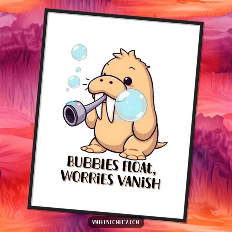 Funny Free Printable Wall Art: Walrus character joyfully blowing a cascade of giant, iridescent bubbles from a small pipe.