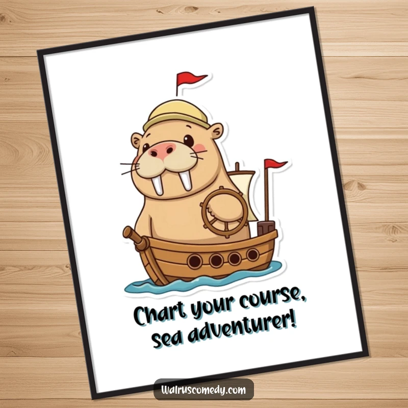 Funny Free Printable Wall Art: Adventurous walrus grinning while steering a tiny ship.