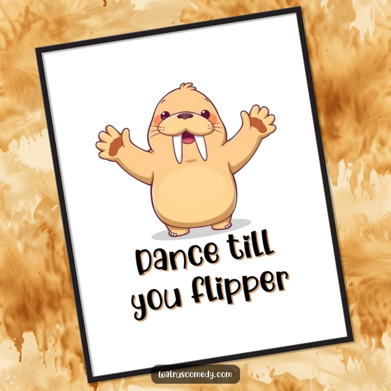 Funny Free Printable Wall Art of a kawaii walrus in a dynamic, comical dance pose, perfect for adding playful energy.