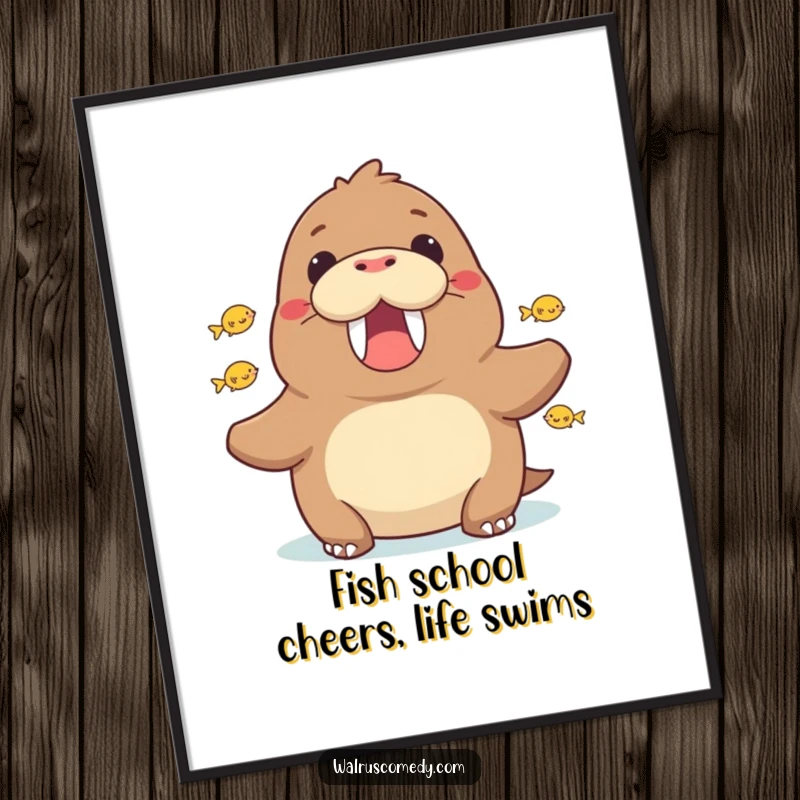 Funny Free Printable Wall Art: Walrus character cheering exuberantly, surrounded by a playful school of tiny, jumping fish. Underwater celebration.