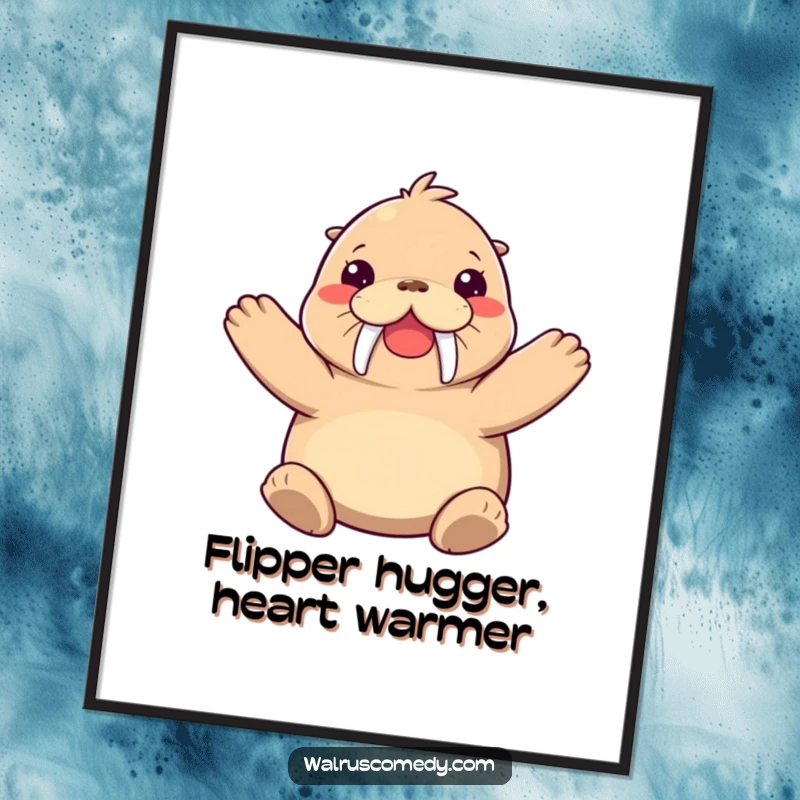 Funny Free Printable Wall Art: Joyful walrus with flippers outstretched, ready for a big hug.