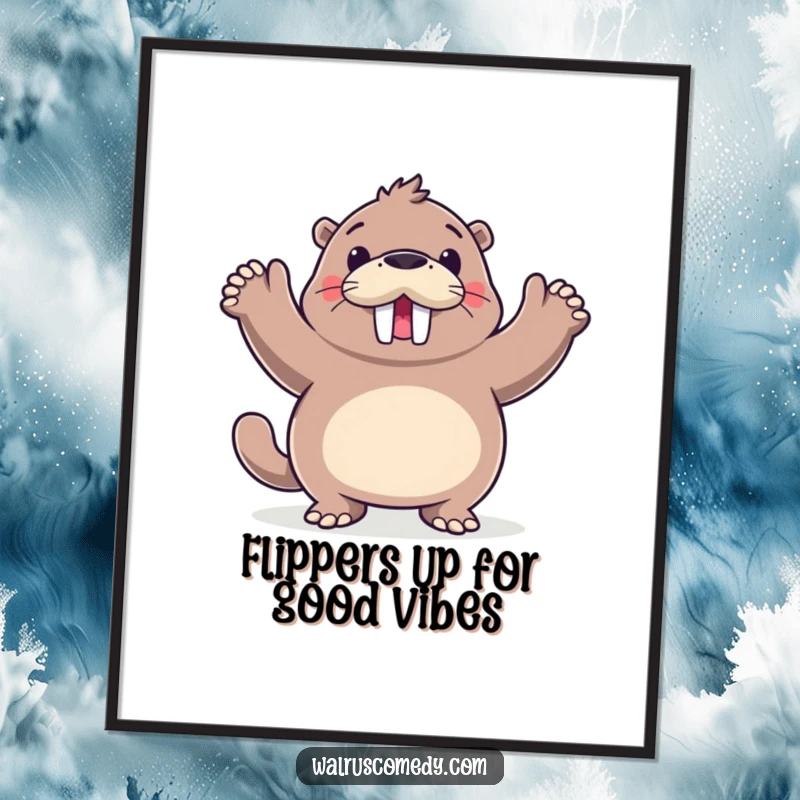 Funny Free Printable Wall Art: Walrus character captured mid-happy dance, flippers triumphantly up in the air. Pure movement and joy.