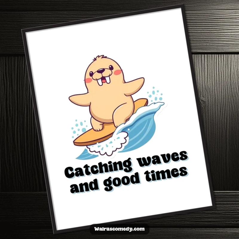 Funny Free Printable Kawaii Walrus Wall Art: happy walrus surfing a small, playful wave with determined joy and style.