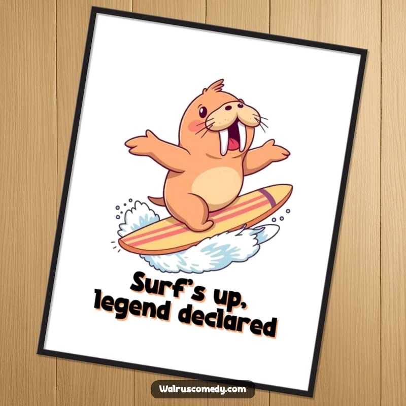 Funny Free Printable Wall Art of an ecstatic walrus confidently surfing a giant wave on a huge surfboard, creating a magnificent splash.