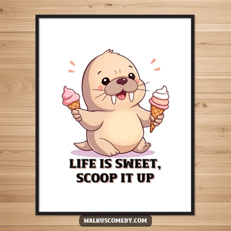 Funny Free Printable Wall Art: A charming baby walrus playfully juggles several delicious ice cream cones with a happy expression.
