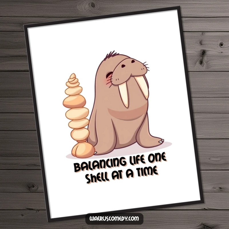 Funny Free Printable wall art of a giggling walrus balancing a precarious tower of seashells on its tusks. A humorous piece.