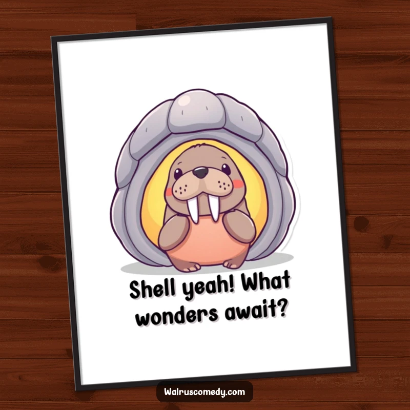 Funny Free Printable Wall Art: Adorable walrus peering into a magical glowing shell, perfect for quirky home decor.