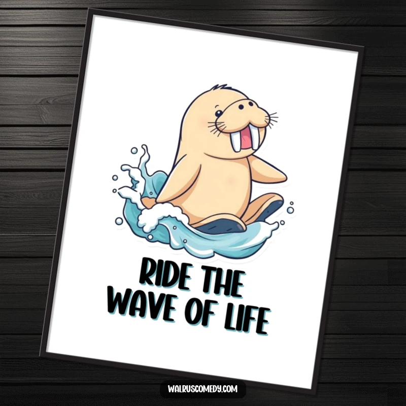 Funny Free Printable Wall Art: A gleeful walrus character rides a massive ocean wave with flippers splashing in a dynamic pose.