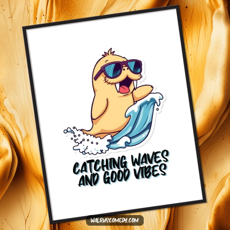 Funny Free Printable Wall Art: A walrus character wearing sunglasses, surfing a wave with pure excitement, cool decor.