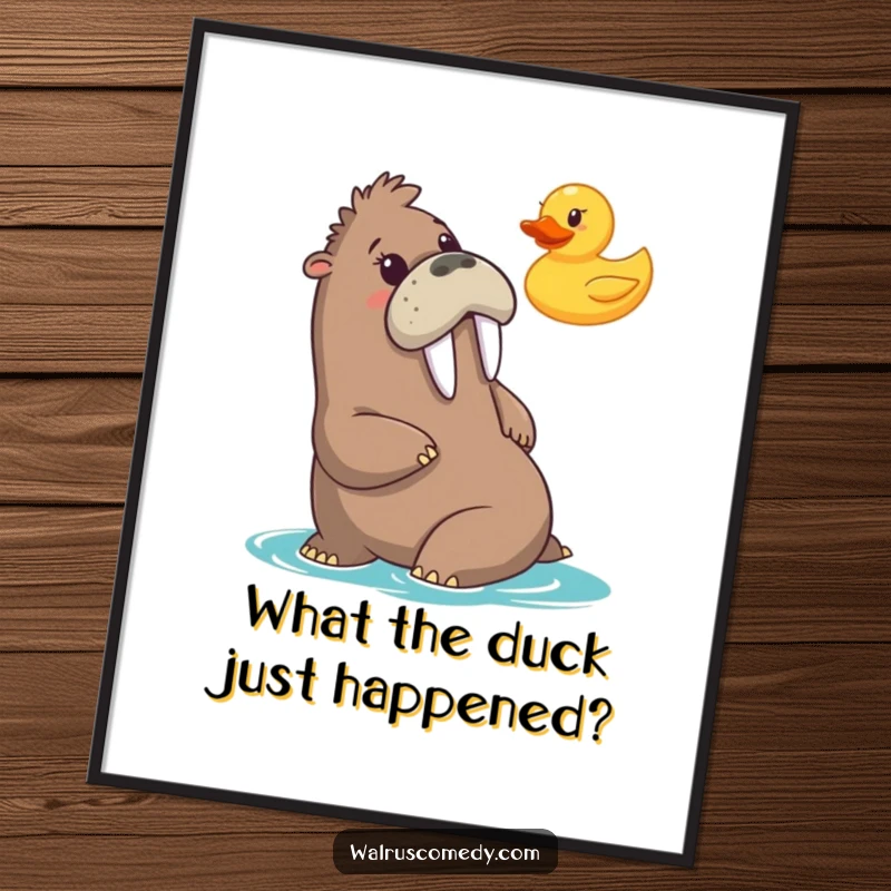 Funny Free Printable Wall Art: Walrus comically wide-eyed, surprised by a floating rubber duck. Humorous downloadable art for any room.