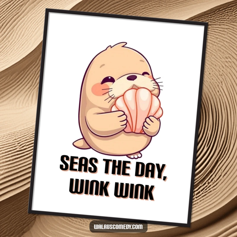 Funny Free Printable Wall Art: A charming walrus winks knowingly while holding up a bright, shiny seashell, with a coastal flair.