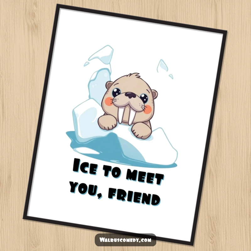 Funny Free Printable Wall Art featuring a curious walrus with large, expressive eyes peeking from behind a chilly iceberg.