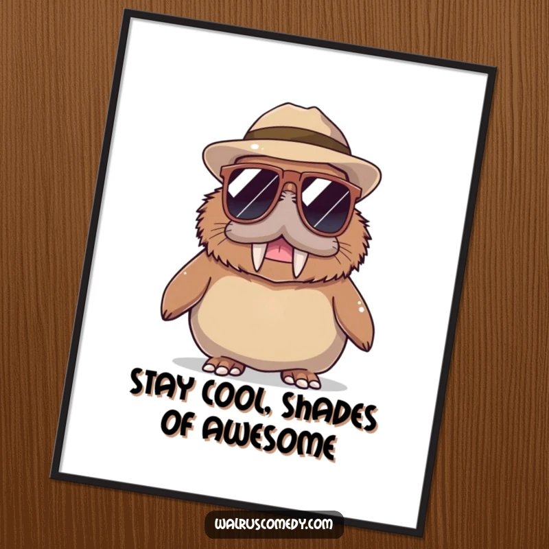 Funny Free Printable Wall Art of a walrus character wearing ridiculously oversized sunglasses and a fashionable hat, exuding cool.