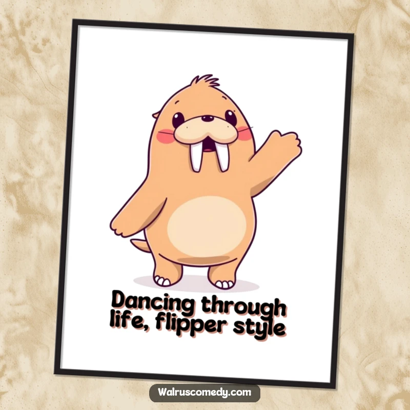 Funny Free Printable Wall Art featuring a walrus character joyfully dancing with its flippers in the air, a humorous downloadable decor.