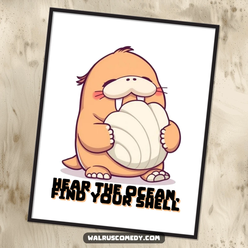 Funny Free Printable Wall Art of a walrus character giggling joyfully while holding an enormous seashell, perfect for a happy space.