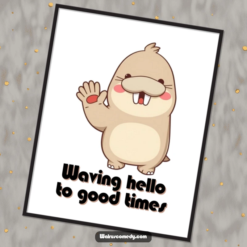 Funny Free Printable Wall Art: A very happy kawaii walrus waves energetically with a huge, infectious smile.