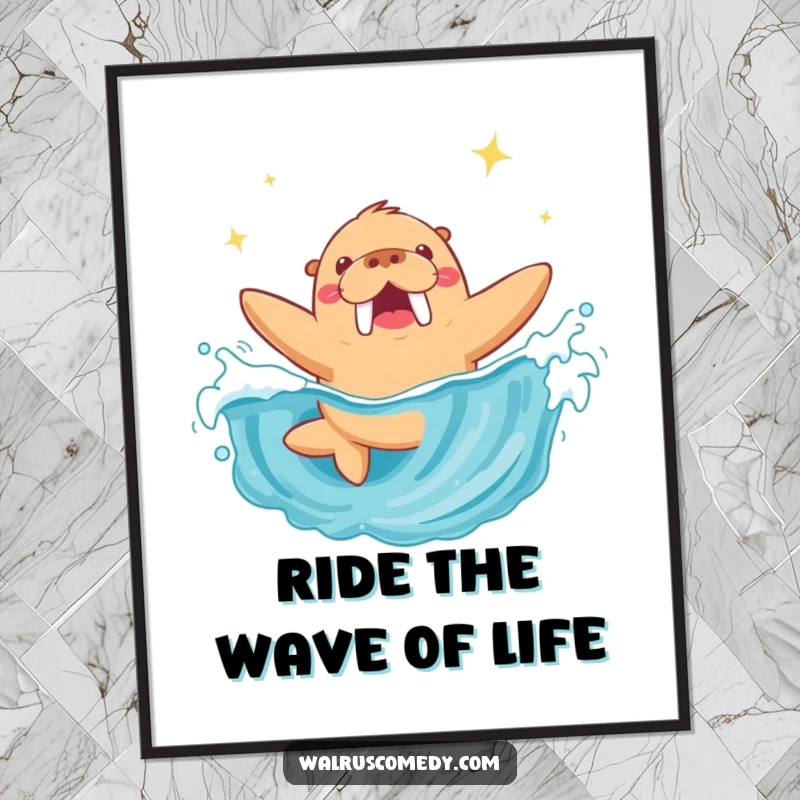 Funny Free Printable Wall Art of a walrus joyfully diving into a sparkling ocean wave, perfect for beach-themed decor.