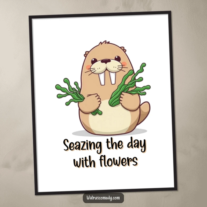 Funny Free Printable Wall Art: A happy walrus presenting a large bouquet of seaweed, a charming underwater floral arrangement.
