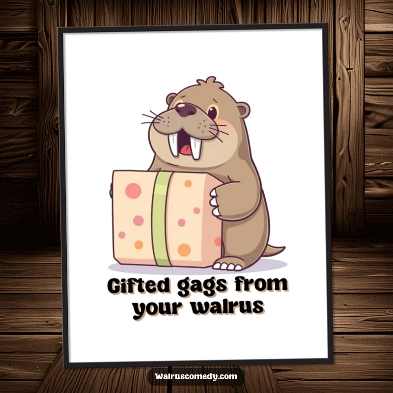 Funny Free Printable Wall Art: A walrus character excitedly unwrapping a large gift, full of anticipation and happiness.