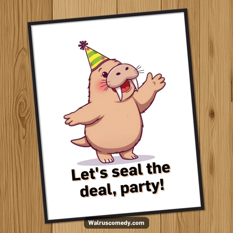 Funny Free Printable Wall Art: A walrus in a party hat doing a joyful dance, bringing festive energy to the room.