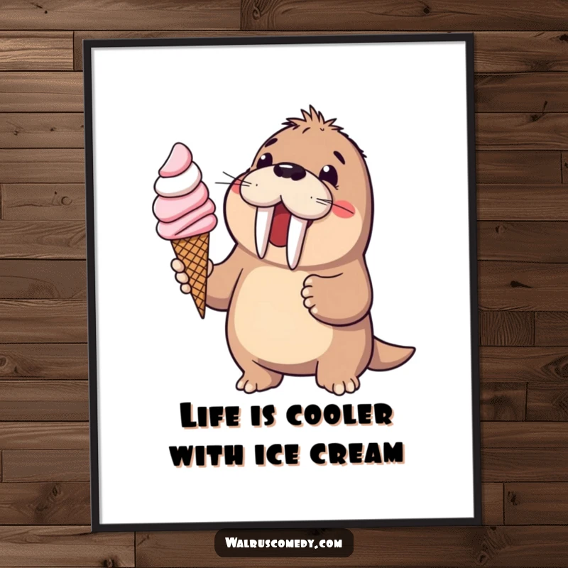 Funny Free Printable Wall Art: A cheerful walrus with tusks offers a comically large ice cream cone.