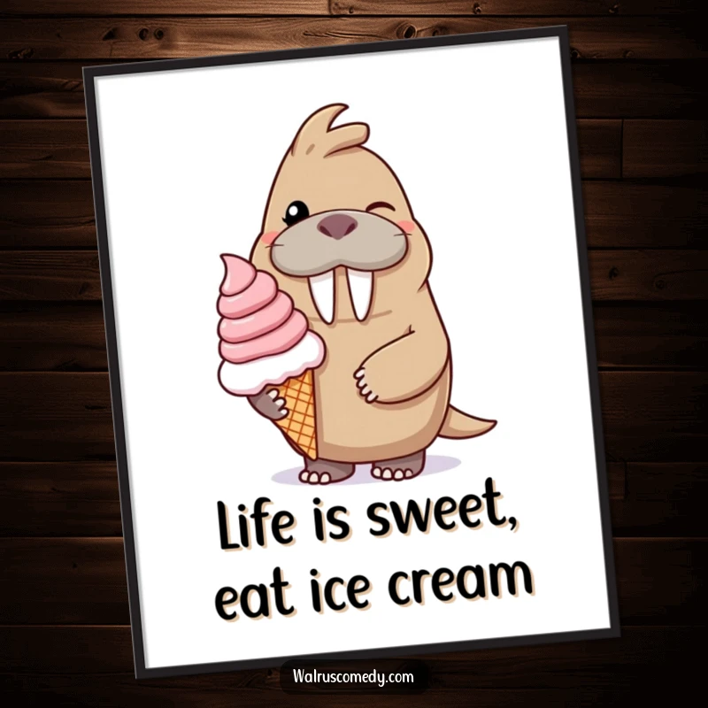 Funny Free Printable wall art of a winking walrus enthusiastically offering a giant, dripping ice cream cone. A humorous and delightful piece.