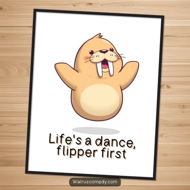 Funny free printable wall art: A whimsical walrus executes a solo dance on one flipper, bringing laughter and charm. Eye-catching downloadable art.