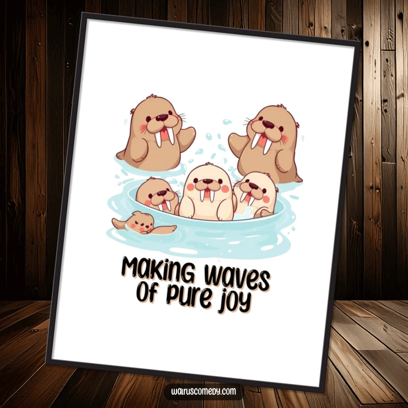 Funny Free Printable Wall Art: A group of playful walrus characters gleefully splashing water, cheerful decor.