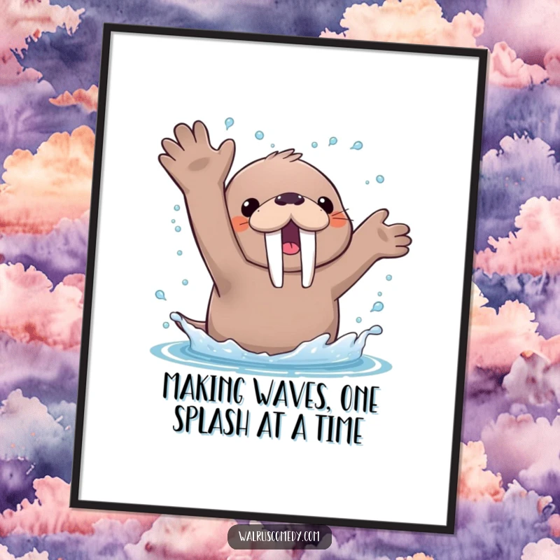 Funny Free Printable Wall Art: A kawaii walrus enthusiastically splashing water everywhere with its flippers, creating a joyful scene.