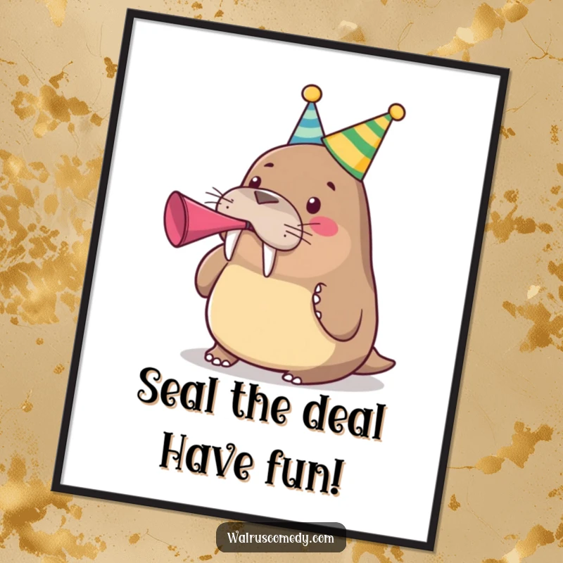 Funny Free Printable Wall Art: A cute walrus in a party hat, joyfully blowing a party horn with excitement.