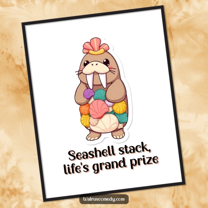 Funny Free Printable Wall Art: Walrus character precisely balancing a tall stack of colorful seashells, a display of skill and charm.