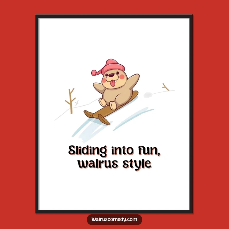 Free Printable Wall Art: Funny Walrus Snow Slide - Quirky Downloadable Decor