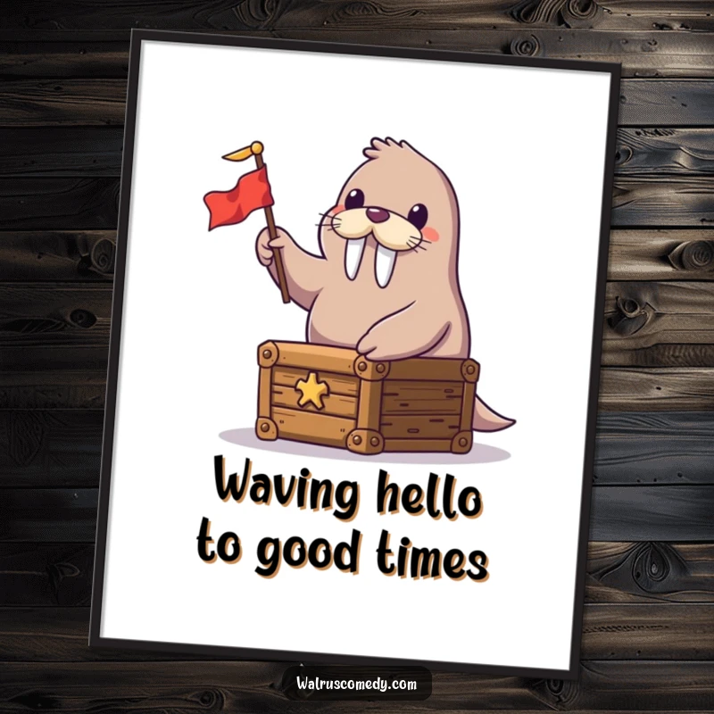 Funny Free Printable Wall Art: A happy walrus guards a treasure chest, waving a tiny flag, perfect humorous downloadable decor.
