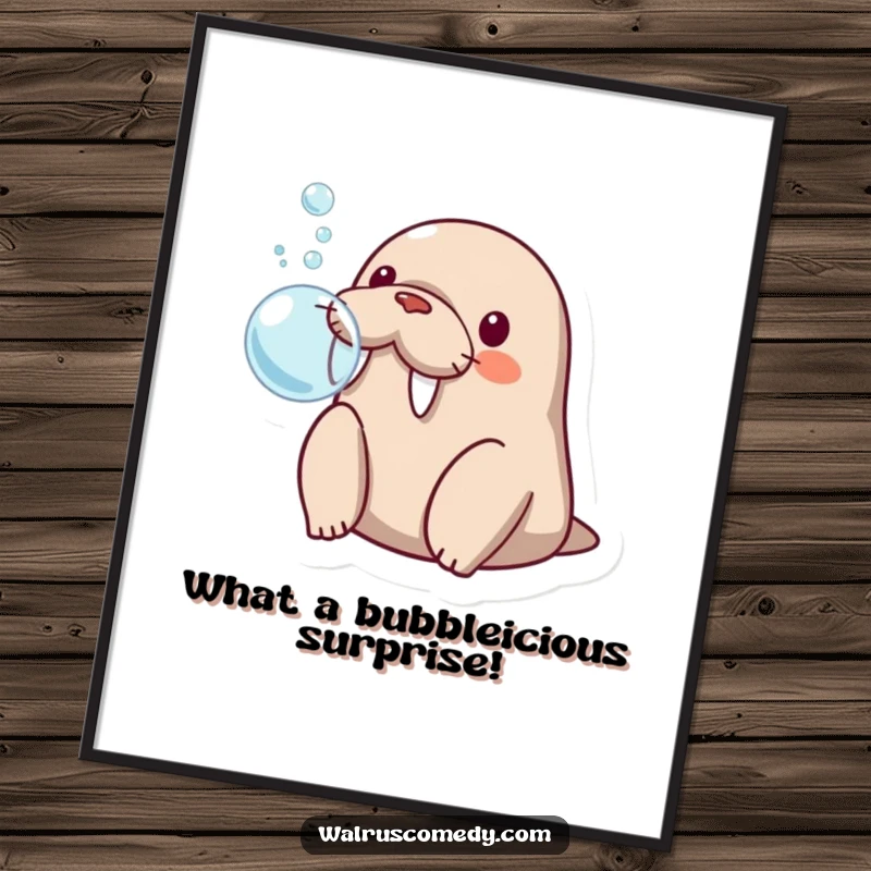 Funny Free Printable Wall Art: A kawaii walrus unexpectedly blows a large bubble with its flippers, eyes wide with surprise.