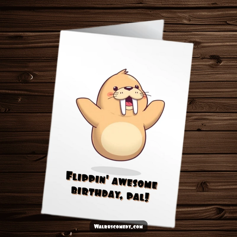 Funny free printable birthday card: A playful walrus joyfully dances on one flipper, spreading birthday cheer. Hilarious downloadable art.