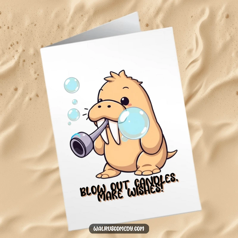 Funny Free Printable Birthday Card: Walrus puffing out giant, colorful bubbles from a small pipe. A whimsical and joyful wish.