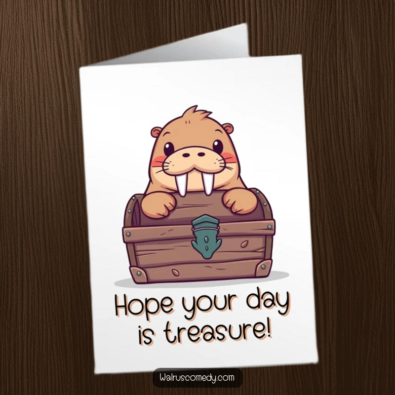 Funny free printable birthday card: A curious walrus peeks from behind a treasure chest, seeking birthday joy. Whimsical downloadable art.