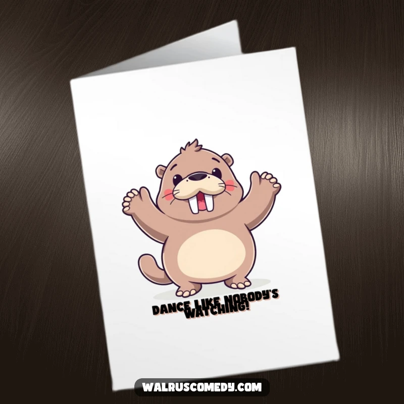 Funny Free Printable Birthday Card: Walrus doing a happy dance with flippers raised high in celebration. Pure birthday exuberance.