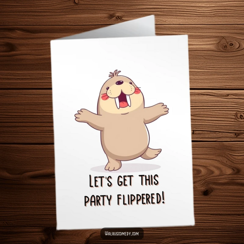 Funny Free Printable Birthday Card: Joyful walrus mid-jig, flippers in the air, grooving with pure delight.